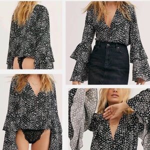 Free People Black and White Floral Blouse